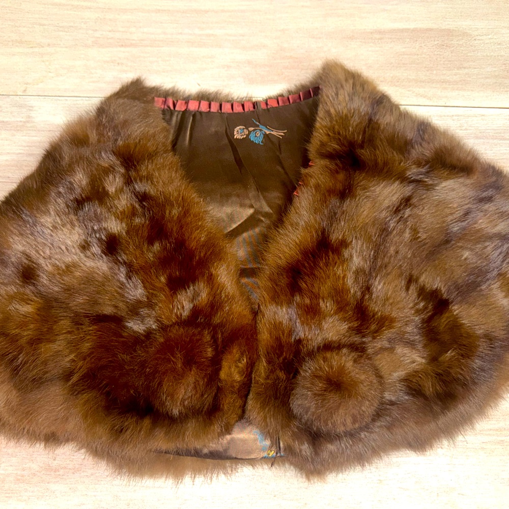 Vintage Brown Mink Fur Collar Lined Stole Hook & Eye Closure Shrug Hollywood